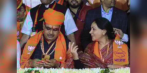 Newly-elected Rajasthan Chief Minister Bhajan Lal Sharma with his deputy Diya Kumari addresses the media. (Photo | PTI)