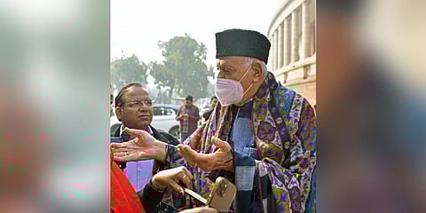 Jammu and Kashmir National Conference (JKNC) MP Farooq Abdullah at Parliament House during the Winter Session, in New Delhi. (Photo | ANI)