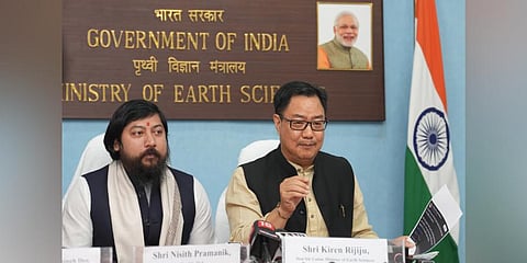 Union Minister of Earth Sciences Kiren Rijiju addresses a press conference with Union Minister of State Nisith Pramanik, in New Delhi. (Photo | PTI)