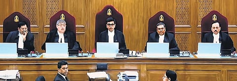 Video grab of the five-judge bench comprising Chief Justice of India D Y Chandrachud and justices Sanjay Kishan Kaul, Sanjiv Khanna, B R Gavai and Surya Kant pronouncing their verdict on the abrogatio