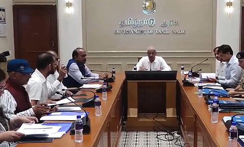 Tamil Nadu Chief Secretary Shiv Das Meena holding a review meeting over Cyclone Michaung with the Central Team at the Chennai Secretariat. (Photo | ANI screengrab)