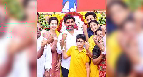 Nara Lokesh, along with his wife and son, takes part in Yuva Galam Padayatra in Tuni segment on Monday | Express