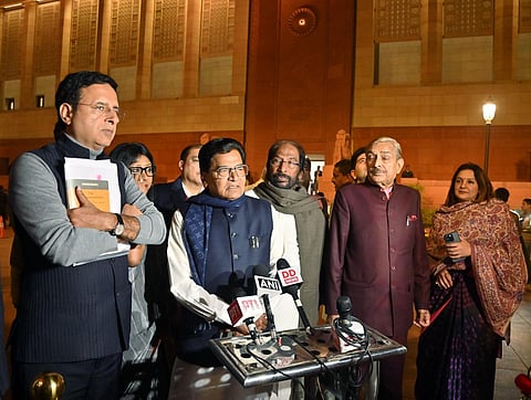Samajwadi Party (SP) MP Ram Gopal Yadav (middle) and others after staging a walkout from Rajya Sabha in the ongoing Winter Session, in New Delhi on Tuesday. (Photo | ANI)