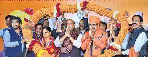 Rajasthan CM-designate Bhajan Lal Sharma with senior leaders Rajnath Singh, C P Joshi, and Vasundhara Raje after the BJP Legislature Party meeting in Jaipur on Tuesday | PTI