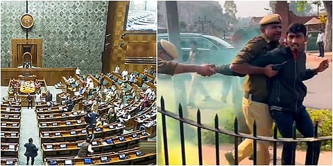 (L) A visitor jumps in the Lok Sabha chamber from the public gallery. (R) Police personnel apprehend a man carrying a can emitting yellowish smoke. (Photo | PTI)