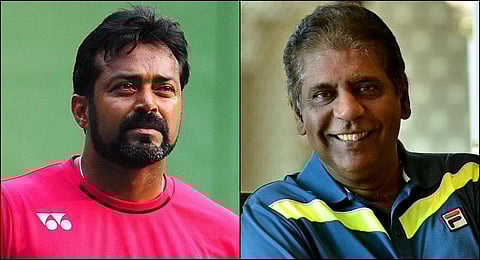 Former doubles world No.1 Leander Paes and former player, broadcaster and promoter Vijay Amritraj. (File photo)