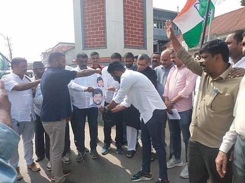 During the protest at Virajpet where Congress leaders and workers alleged that BJP was responsible for the security loopholes even as they burnt the portrait of Kodagu-Mysuru MP Prathap Simha.