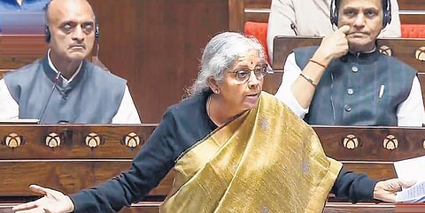 Finance Minister Nirmala Sitharaman in the Rajya Sabha during Winter session of Parliament, in New Delhi. (Photo | PTI)