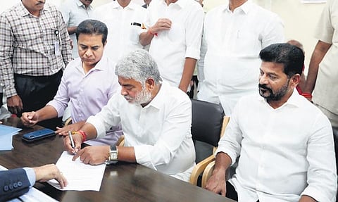 Gaddam Prasad Kumar files his nomination papers in the presence of Chief Minister A Revanth Reddy, Sircilla MLA K T Rama Rao and other leaders on Wednesday