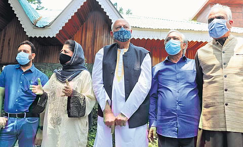 PDP chief Mehbooba Mufti, NC president Farooq Abdullah, CPI-M’s MY Tarigami address media after a meeting of Gupkar Alliance in Srinagar (File Photo)