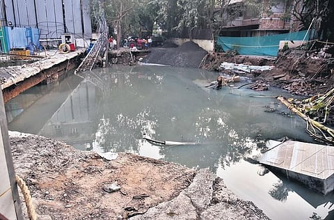 A cave-in at Kasturi Estate 3rd street, adjacent to a construction site in Gopalapuram in Chennai, on Wednesday | P Jawahar