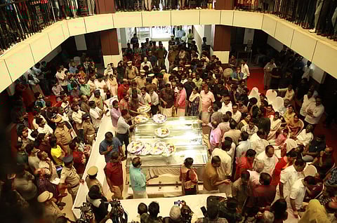 Students and teachers pay their last respects to the three students when their mortal remains were kept for public homage at Cusat on Sunday. (Photo | T P Sooraj)