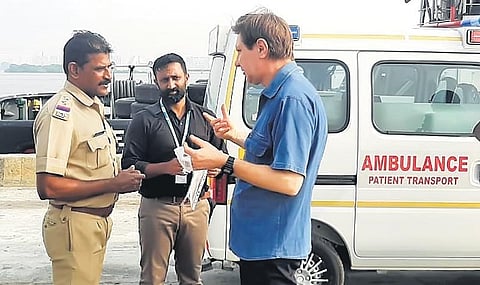 Maritime Rescue Centre personnel speaking to Croatian national Nikolich Marjan who was treated in Kochi after he sustained an injury in the sea | Express