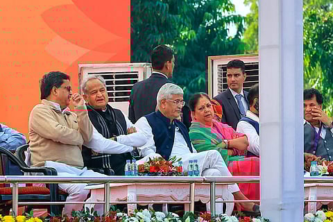Union Minister Gajendra Singh Shekhawat sit next to former Rajasthan CM Ashok Gehlot. (Photo | PTI)