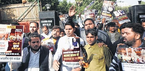 Indian Youth Congress holds protest on House security breach on Thursday, December 14, 2023.