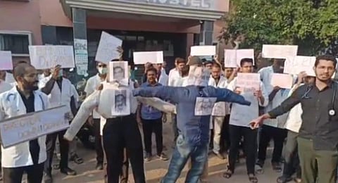 Rajiv Gandhi Medical Sciences(RIMS) students stage a protest and burn the effigy of the accused in front of the collector’s office in Adilabad on Thursday