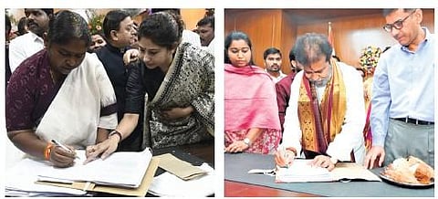 Ministers D Anasuya and Damodar Rajanarasimha take charge at the Secretariat