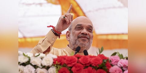 Union Home Minister Amit Shah during 'Viksit Bharat Sankalp Yatra', on the outskirts of Ahmedabad. (Photo | PTI)