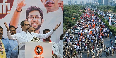 (L-R) Shiv Sena (UBT) Chief Uddhav Thackeray addresses a gathering. Maharashtra Opposition leaders and workers during a protest march over the Dharavi redevelopment project. (Photo | PTI)