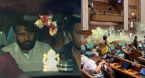 (L-R) Lalit Jha key accused in the recent Parliament security breach, being produced at the Patiala House Court, in New Delhi. Video screengrab from inside of the Parliament attack. (Photo | PTI)