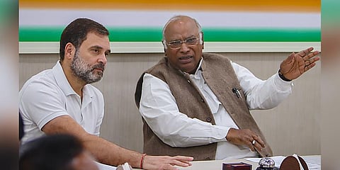 Congress President Mallikarjun Kharge with party leader Rahul Gandhi during a meeting at AICC headquarters, in New Delhi. (Photo | PTI)
