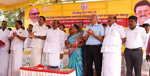 Minister for Public Works and Highways EV Velu inaugurates a railway over-bridge in Uthukuli near Tiruppur city. (Photo | Express)