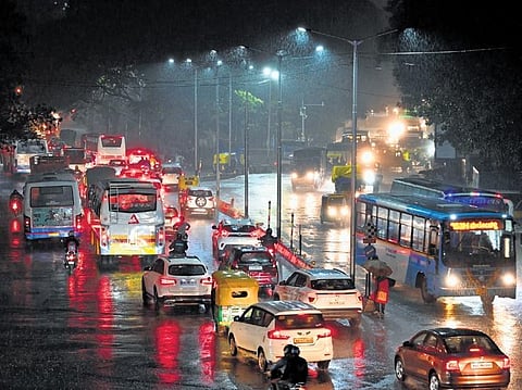 Traffic moves slowly on JC Road in Bengaluru. (Photo | Nagaraja Gadekal)