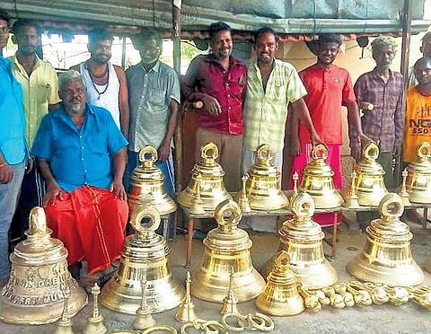 Namakkal artisans with the 42 bells to be used at Ram Mandir. The temple will be inaugurated in January 2024 | Express
