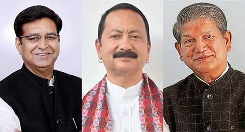 Congress leaders Pritam Singh, Karan Mahara and Harish Rawat.