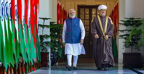 Prime Minister Narendra Modi and Sultan of Oman Haitham Bin Tariq before their meeting at the Hyderabad House, in New Delhi on Saturday, December 16, 2023. (Photo | PTI)