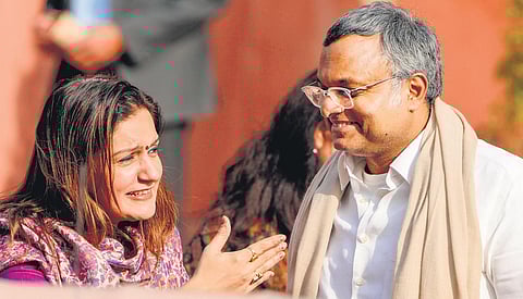 Shiv Sena MP Priyanka Chaturvedi and Congress MP Karti Chidambaram during the winter session of Parliament in New Delhi on Friday | PTI