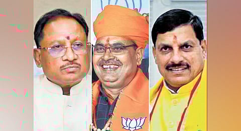 Chhattisgarh CM Vishnu Deo Sai, Rajasthan CM Bhajan Lal Sharma and Madhya Pradesh CM Mohan Yadav. (Photo | Express)