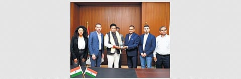 IT Minister D Sridhar Babu is seen with Merio’s delegation