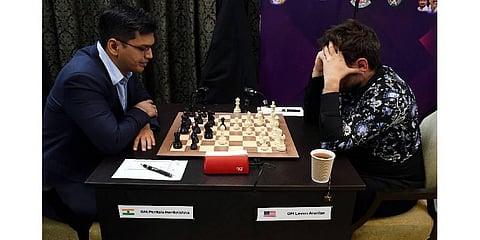 Levon Aronian (R) in action against India's P Harikrishna in the ongoing Chennai Grand Masters 2023 event on Monday. (Photo | D Sampathkumar)
