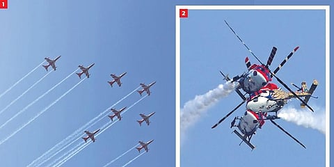 IAF Surya Kiran aerobatic team performs during the combined graduation parade at the Air Force Academy in Dundigal, on the outskirts of Hyderabad IAF Sarang helicopters showcasing aerobatics | Sri L