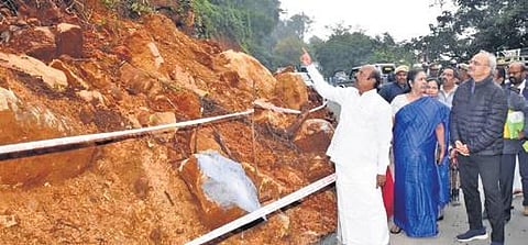 Highway minister EV Velu inspecting Nandhagopal bridge near Coonoor, where a landslip occurred due to the recent rain