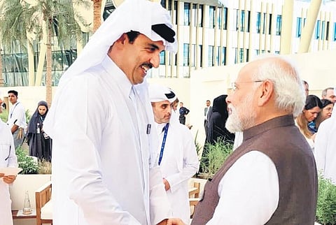 Prime Minister Narendra Modi with Emir of Qatar Sheikh Tamim bin Hamad Al Thani during the COP28 Summit in UAE (Photo | PTI)