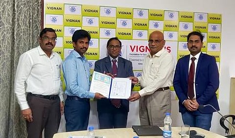Incharge Registrar Dr PMV Rao exchanged MoU documents with CSC Academy Virtual Learning Execuritve Ram Mohan here on Monday.