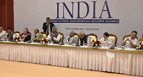 Congress President Mallikarjun Kharge, NCP Chief Sharad Pawar, Sonia Gandhi, Lalu Prasad Yadav, JDU Chief Nitish Kumar, Rahul Gandhi and TMC Chief Mamta Banerjee. (Photo | Shekhar Yadav)