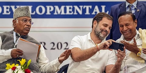 Congress chief Mallikarjun Kharge with Rahul Gandhi, DMK leader TR Baalu during a press conference after the INDIA bloc meeting. (Photo | PTI)