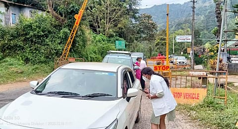 A checkpost set up in Kodagu along the Kerala border to check for suspected Covid-19 cases, on Monday | Express