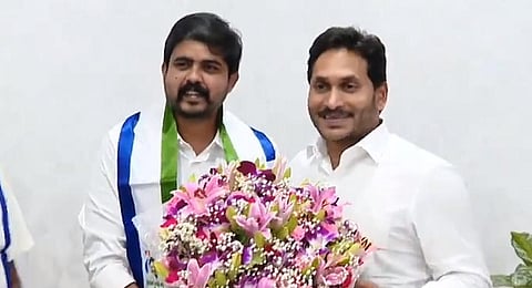Former Jana Sena Party leader Ram Sudhir with YSRCP chief and Andhra Pradesh CM YS Jagan Mohan Reddy. (Photo | X@YSRCParty)