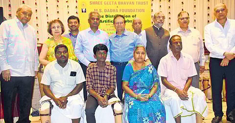 The Chief Guest, Chairperson and Trust Members along with a few patients during the Free Distribution of Artificial Limbs event held at Shree Geetha Bhavan Trust, Gopalapuram | Sneha Cheralathan