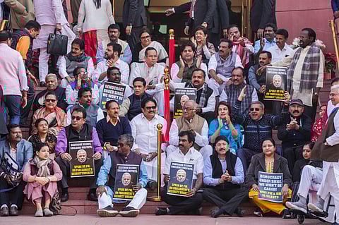 Suspended Opposition MPs protest during the Winter session of Parliament, in New Delhi, Tuesday, Dec. 19, 2023 | AP