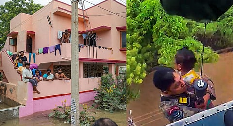 (L-R) A flooded locality after heavy rainfall, in Tirunelveli district. An IAF personnel rescues an infant (Photo | PTI)