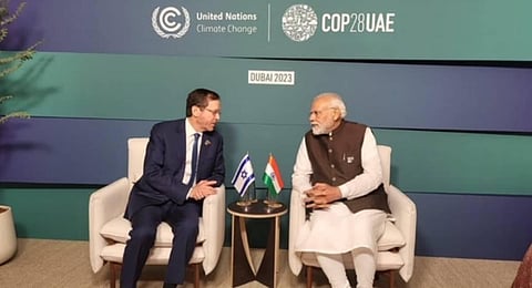 Prime Minister Narendra Modi with President of Israel Isaac Herzog during a meeting on the sidelines of the COP28. (Photo | PTI)