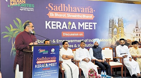 Union Minister Rajeev Chandrasekhar inaugurating the Sadbhavana Meet organised by Indian Minorities Federation and Save Our Nation-India in Kochi on Friday