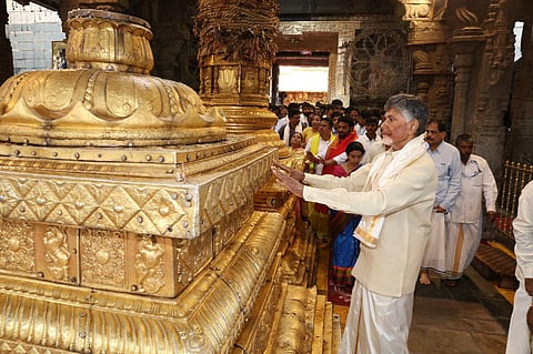 TDP chief N Chandrababu Naidu offers prayers at Tirumala on Friday I Express