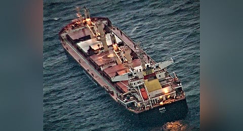 MV Ruen, a vessel with 18 crew onboard, that had sent a Mayday message indicating boarding by approx six unknown personnel. (PTI Photo)