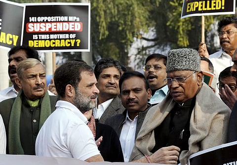 Congress leaders Mallikarjun Kharge and Rahul Gandhi during a protest over the suspension of MPs amid the Winter session of Parliament, in New Delhi on Wednesday, December 20, 2023. (Photo | PTI)